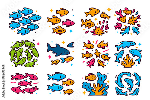Colorful Fish Social Icons. Fish and their social behaviors within schools. Colorful isometric vector icons set of Fish and their social behaviors within