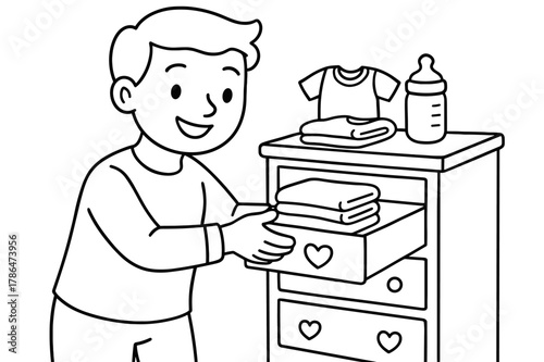 Organized Baby Dresser. Organizing baby dresser children?s coloring book illustration, outlined drawing, a cheerful parent placing folded baby clothes into a