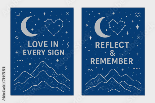 Heavenly Love Banners. Signs in Nature (Ayat). Two vertical A6 banners with safe margins, centered composition, no elements touching edges, memphis, sapphire