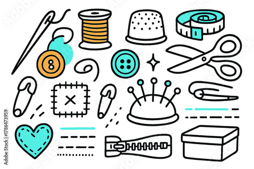 Colorful Sewing Doodle. // Sewing kit. Hand-drawn doodle illustration Sewing kit [needle (accented), thread spool (accented), thimble, button (accented),