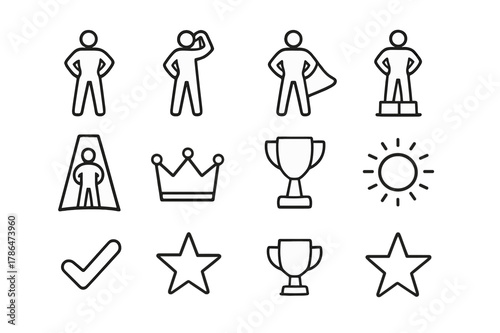 Strong Stance Icons. Strong stance. Line icon set of strong stance: person standing tall, arms on hips, raised fist, confident stance, superhero silhouette,