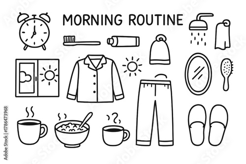 Morning Routine Doodles. Morning Routine. Hand-drawn doodle illustration Morning Routine alarm clock, toothbrush, toothpaste, shower, towel, breakfast, coffee