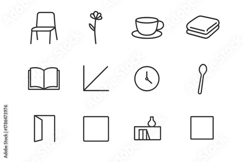 Minimalist Icon Collection. Minimalist Moments. Line icon set of Minimalist Moments: empty chair, single flower, ceramic cup, folded towel, open book, plain