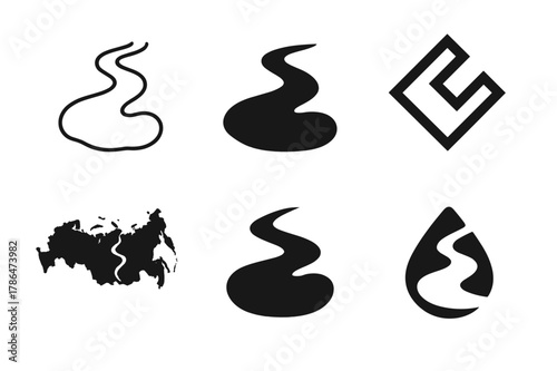 Eurasian Water Icons. Eurasia. Set Logo of Rivers and Lakes: Minimal outline, Filled silhouette, Abstract geometric, Negative space, Flat solid, Iconic shape.