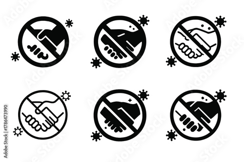 Symbolic Social Distancing Logos. Social distancing and COVID--related imagery. Set Logo of Social distancing and COVID--related imagery: no handshake symbol.