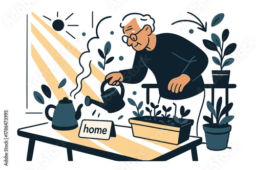 Garden Harmony. Elderly Independent Living. A senior waters a small balcony garden while sunlight ribbons across a tidy table; a sticky label reads ?home?. A