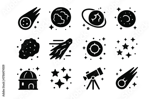 Comets and Cosmic Ice. Comets and cosmic ice. Solid icons set of Comets and cosmic ice: comet with tail, icy core, orbit line, frozen surface, solar wind,