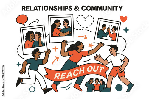 Community Connection Vision. Vision Board ? Relationships & Community. Polaroids show shared moments; dotted heart lines connect photos in a loop. Caption