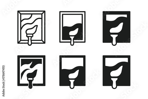 Artistic Logo Variations. DIY home decor projects and tutorials. Set Logo of wall art: framed abstract canvas with brush. Icon set. harmonious logo variations