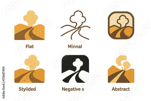 Desert Road Logos. Desert dirt road. Set Logo of Desert dirt road: dust plume trail. harmonious logo variations of the same emblematic concept, each with