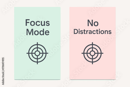 Focus Mode Banners. Focus. Two vertical A6 banners with safe margins, centered composition, no elements touching edges, minimal, pastel mint and pink, focus