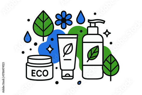 Eco Skincare Illustration. Eco skincare. Jars and bottles arranged with floating geometric leaves, flowers,