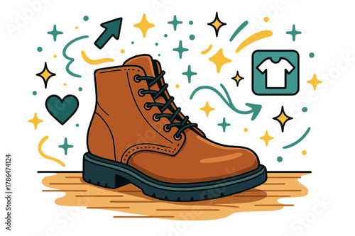Stylish Boot Vibe. Boot. Single leather boot on wooden floor with abstract floating sparkles, arrows, and icons; conveys fashion, durability, and style. Modern