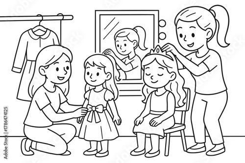 Backstage Prep Coloring. Backstage preparation children?s coloring book illustration, outlined drawing, models