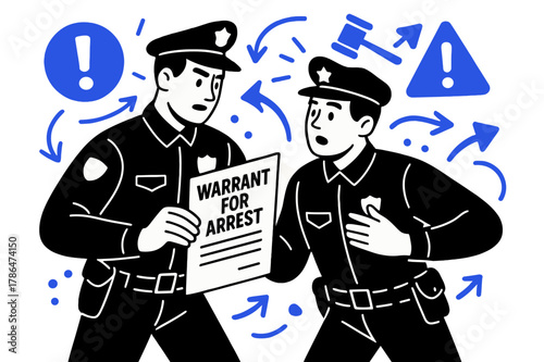 Law Enforcement Teamwork. Warrant for arrest. Law enforcement officer showing warrant to colleague with abstract floating exclamation marks, arrows, and legal