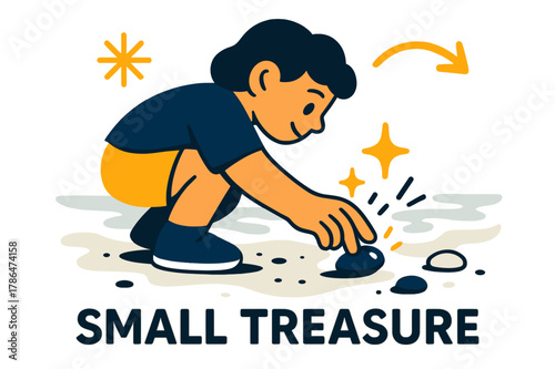 Beach Treasure Discovery. Pebble ? Beach Discovery. Child?s hand picks up a shiny stone from the wet sand; gentle sparkle icons mark the find. Caption ?small