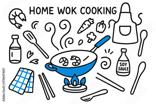 Home Wok Cooking Icons. // Home wok cooking. Hand-drawn doodle illustration Home wok cooking [gas stove flame (accented), wok (accented), shrimp, spatula