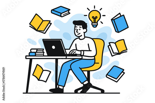 Minimalist Floating Workspace. Creating a minimalist workspace with a comfortable chair, surrounded by floating books and a laptop on a clean desk, with a