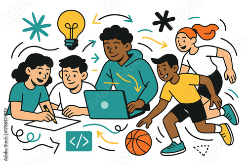 Creative Teen Collaboration. Youth clubs. Teenagers collaborating on group projects, coding, or sports;