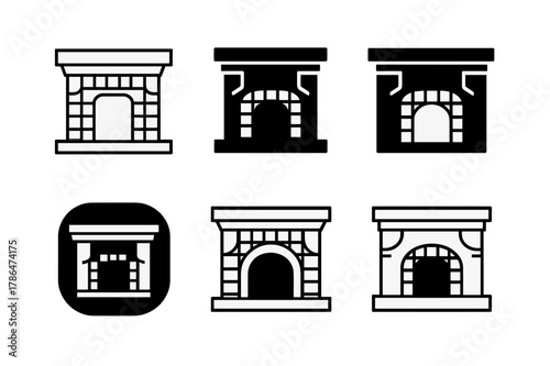 Fireplace Mantel Logos. fireplace mantel. Set Logo of fireplace mantel: tiled surround with mantel corbels. Icon set. harmonious logo variations of the same