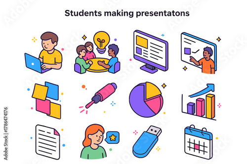 Isometric Student Projects. Students making presentations and projects. Colorful isometric vector icons set of Students making presentations and projects: