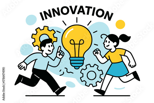 Innovative Illumination. The concept of innovation, lightbulb turning on, gears and cogs in motion, Innovation is the key phrase. Modern flat-line