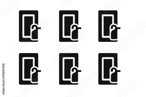 Solitude Door Logo. Embracing solitude and personal time. Set Logo of closed door with do-not-disturb tag: Negative space, Filled silhouette, Minimal outline,