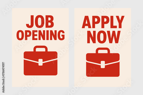 Bold Job Recruitment Banners. Recruitment. Two vertical A6 banners with safe margins, centered composition, no elements touching edges, bold, red and beige,