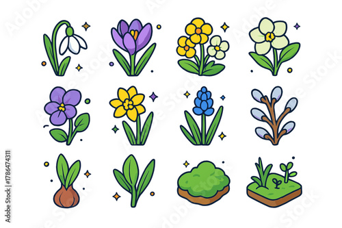 Spring Flora Icons. Early spring flora. Colorful isometric vector icons set of Early spring flora: snowdrop, crocus, primrose, hellebore, violet, daffodil,