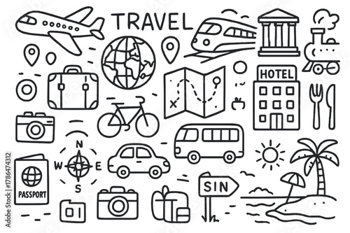 Travel Doodle Compilation. Travel. Hand-drawn doodle illustration acquiring knowledge airplanes, trains, buses, cars, bicycles, maps, compasses, suitcases,