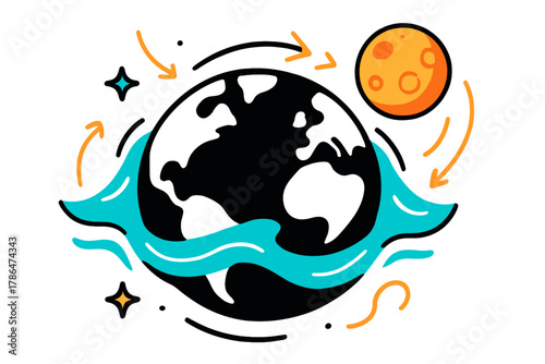 Earth-Moon Tidal Dynamics. Tidal forces. A stylized Earth and Moon with glowing water waves and stretching