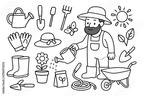 Gardening Tools Doodle. Gardener. Hand-drawn doodle illustration gardener watering can, shovel, rake, gloves, hat, boots, flower pot, trowel, hose,
