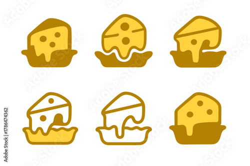 Cheese Quiche Logos. Cheese quiche. Set Logo of Cheese quiche: melting cheese slice on crust. harmonious logo variations of the same emblematic concept, each