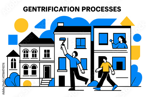Urban Transformation Art. Gentrification Processes. Street with a mix of historic and newly renovated homes with floating abstract geometric shapes,