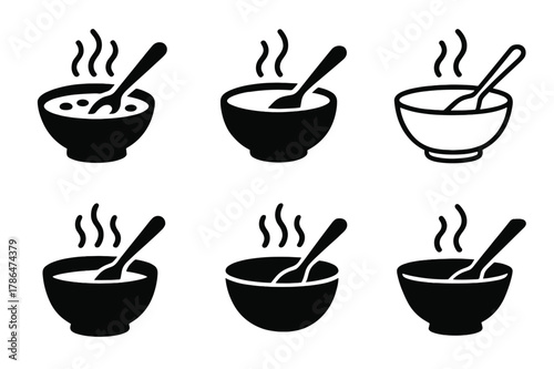 School Morning Logos. Getting the kids ready for school. Set Logo of Getting the kids ready for school: breakfast bowl with spoon and steam. Icon