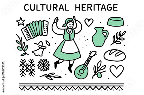 Cultural Heritage Doodles. // Cultural heritage. Hand-drawn doodle illustration Cultural heritage [folk dancer (accented), accordion (accented), traditional