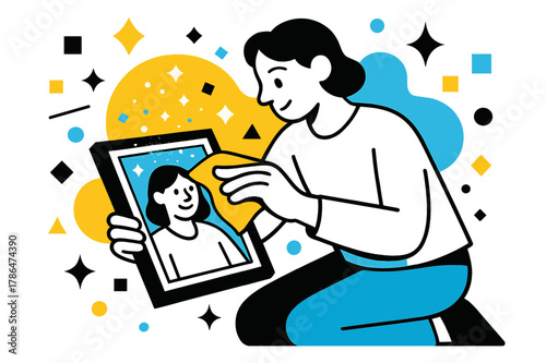 Cleaning Dusty Memories. Dusty Photograph. Person gently cleaning a dusty photograph with floating abstract geometric particles and soft highlights, reflective