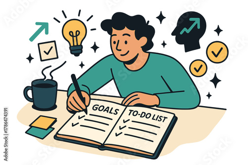 Goal Planning Scene. A person setting goals and writing a to-do list in a planner for self-improvement. Desk scene with planner, coffee cup, and sticky notes;
