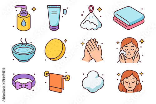 Face Cleansing Icons. Face cleansing essentials. Colorful isometric vector icons set of Face cleansing essentials: cleansing oil, gel cleanser, foaming net,