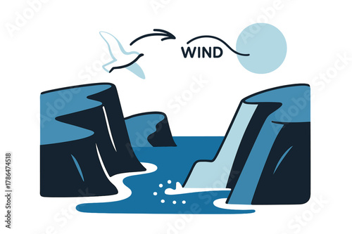 Coastal Cliffs Vector. Abstract Landscapes ? Coastal Cliffs. Bold slabs drop into a smooth sea; foam becomes simple dots that bounce against rock. A gull icon