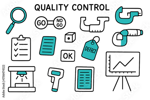 Quality Control Doodles. // Quality control. Hand-drawn doodle illustration Quality control [magnifier (accented), go/no-go gauge (accented), micrometer,