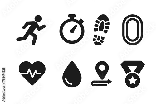Running Icons Set. Running and jogging. Filled icon set of running and jogging: runner icon, stopwatch, shoe