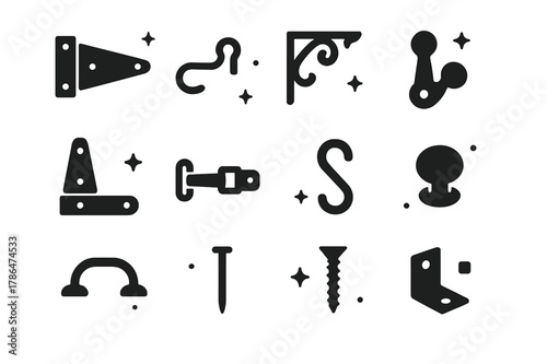 Farmhouse Hardware Icons. Farmhouse Porch Hardware. Solid icons set of Farmhouse Porch Hardware: barn door hinge, hook and eye, wrought iron bracket, shutter