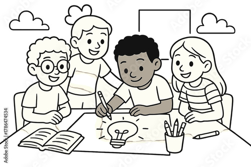 Kids Coloring Unity. creative team children?s coloring book illustration, outlined drawing, a group of diverse kids working together on a project, educational