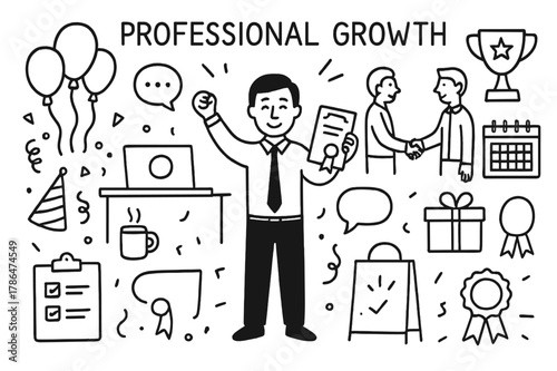 Professional Growth Celebration. Professional Growth. Hand-drawn doodle illustration Professional Growth person receiving promotion, award certificate, laptop,