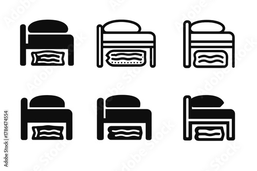 Vacuum-Sealed Storage Icons. Storing off-season clothes in vacuum-sealed bags. Icon set. Set Logo of storing off-season clothes in vacuum-sealed bags: compact