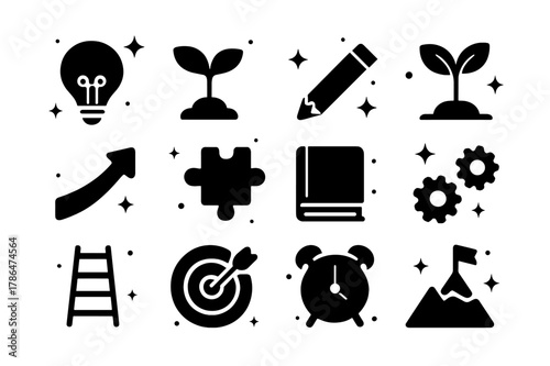 Growth Mindset Icons. Growth Mindset. Solid icons set of Growth Mindset: light bulb, plant sprout, broken pencil, seedling, upward arrow, puzzle piece, book,