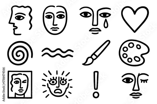 Expressionist Faces Doodle. Expressionist portraits. Hand-drawn doodle illustration expressionist portraits face outline, eye, brush stroke, spiral, wave, line