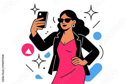 Glamorous Selfie Moment. Celebrity Influencer. Person taking a selfie with camera flashes and floating abstract geometric shapes, glamorous and stylish moment.