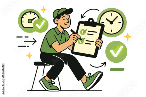 Driver's Day Recap. End-of-day summary. Driver marking completed trips and hours driven; glowing check marks,